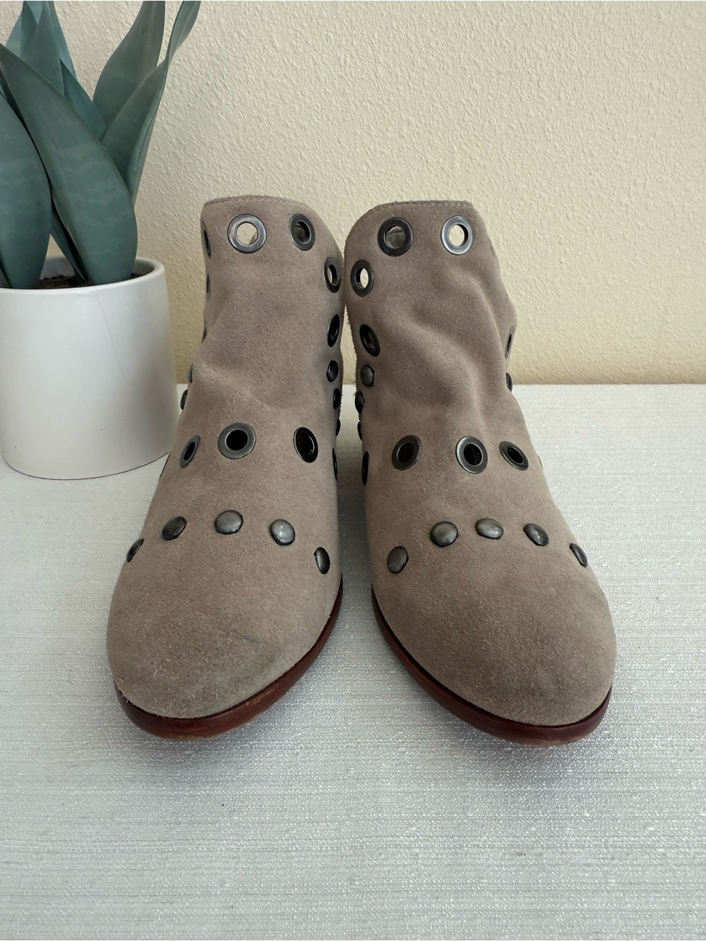 Sam Edelman Suede Ankle Booties with Studd Grommet Detail in Taupe - Picture 5 of 14